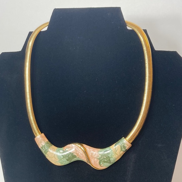 Gold Tone Snake Chain & Enamel Vintage Choker Green Light Pink - Picture 2 of 13